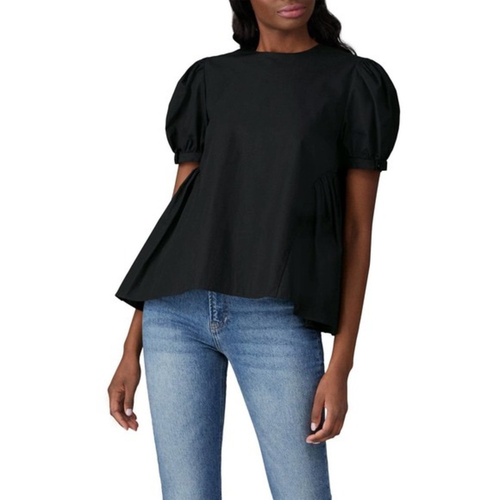 Sandy Liang Black Combo Short Puff Sleeve Open Tie Back Top